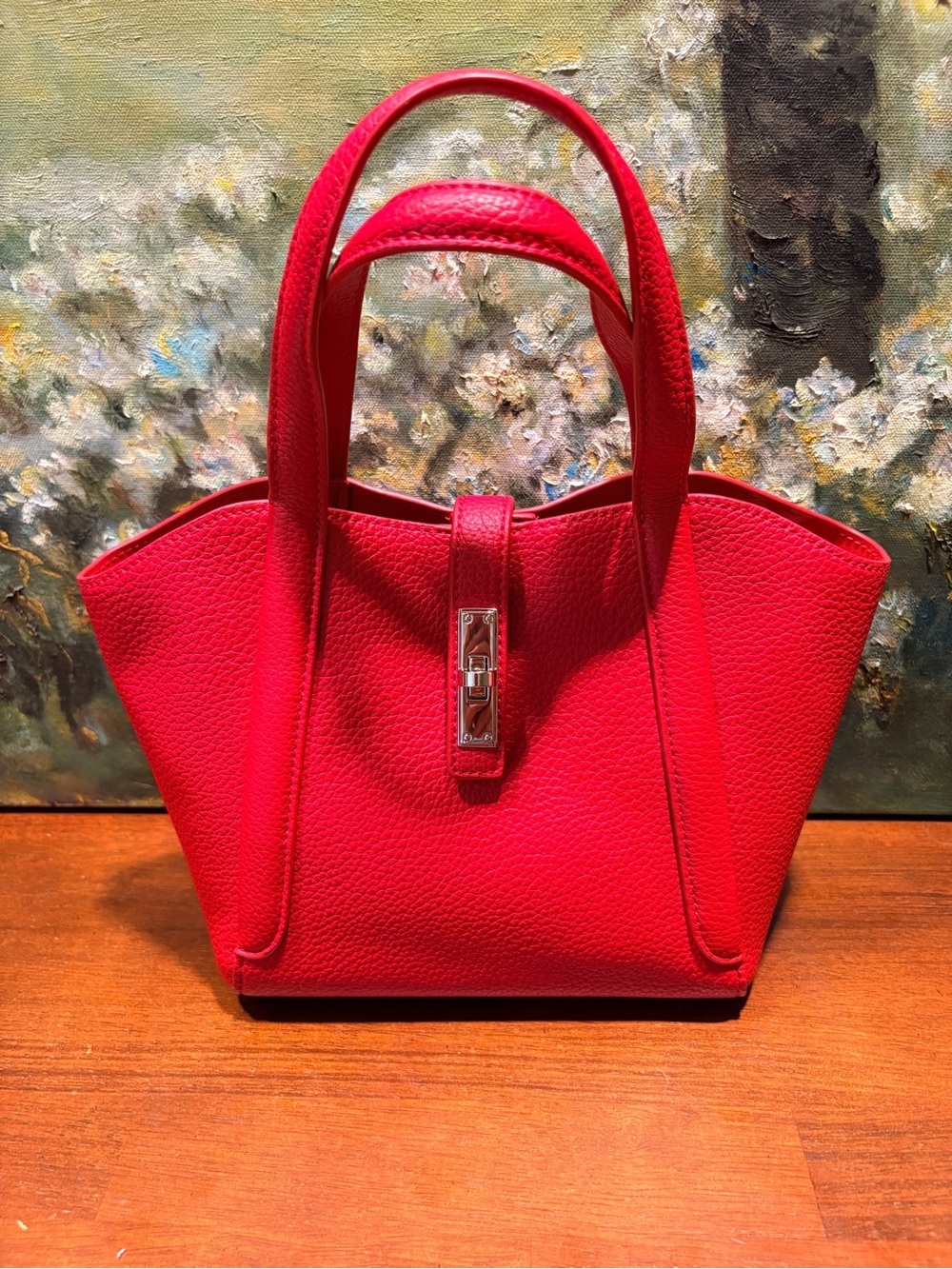 Red Structured Leather Tote Handbag